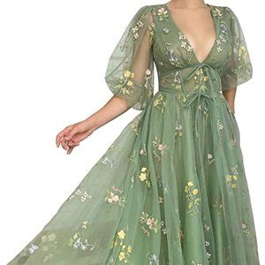 Green Flower Embroidery Puffy Sleeve Tea Length Formal Evening Party Gown